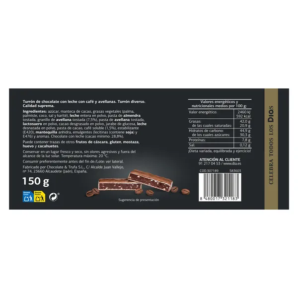 Turrón praliné de chocolate con leche con café y avellanas Dulce Noel Dia caja 150 g 3