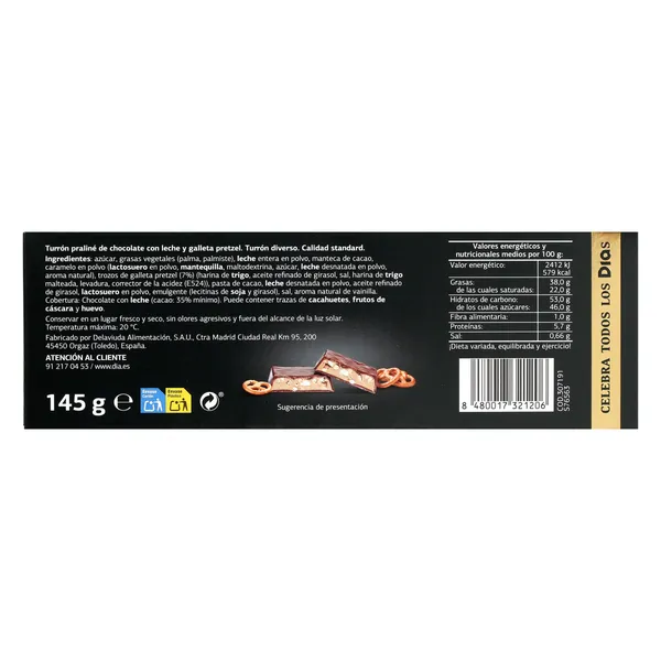 Turrón praliné chocolate con leche y galleta pretzel Dulce Noel Dia caja 145 g 3