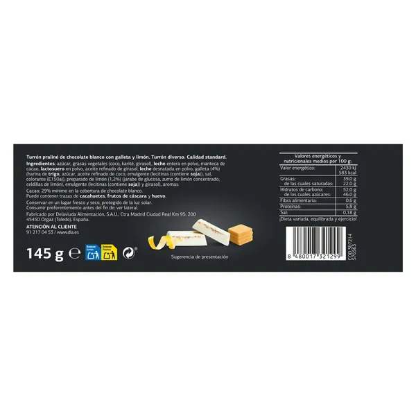 Turrón praliné de chocolate blanco con galleta y limón Dulce Noel Dia caja 145 g 3
