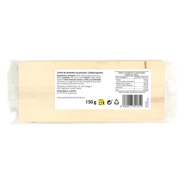 Turrón de almendra con pistacho Dulce Noel Dia Vicens bolsa 150 g 3