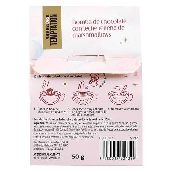 Bomba de chocolate con leche rellena de marshmallows Temptation de Dia caja 50 g 4