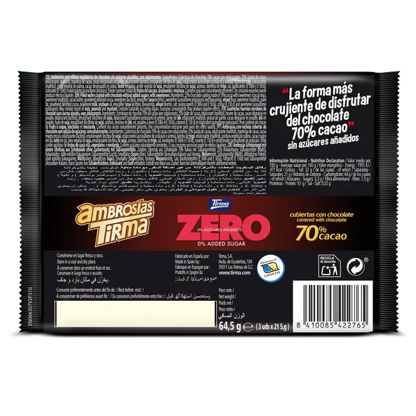 Barritas de barquillo de chocolate zero ambrosías Tirma bolsa 65 g 3