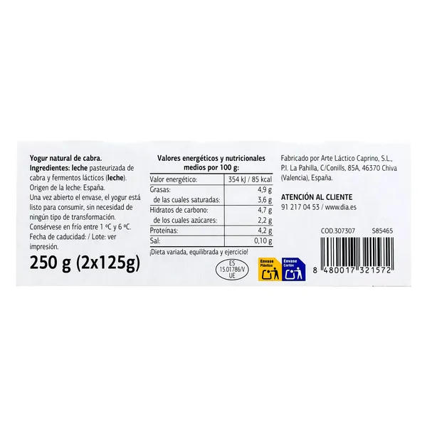 Yogur natural de cabra Dia Láctea pack 2 x 125 g 4