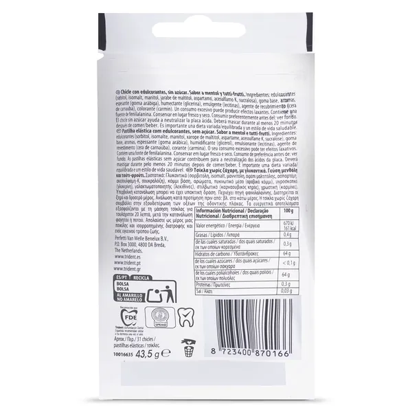Chicles sabor bubblemint sin azúcar Trident bolsa 24 unidades 2