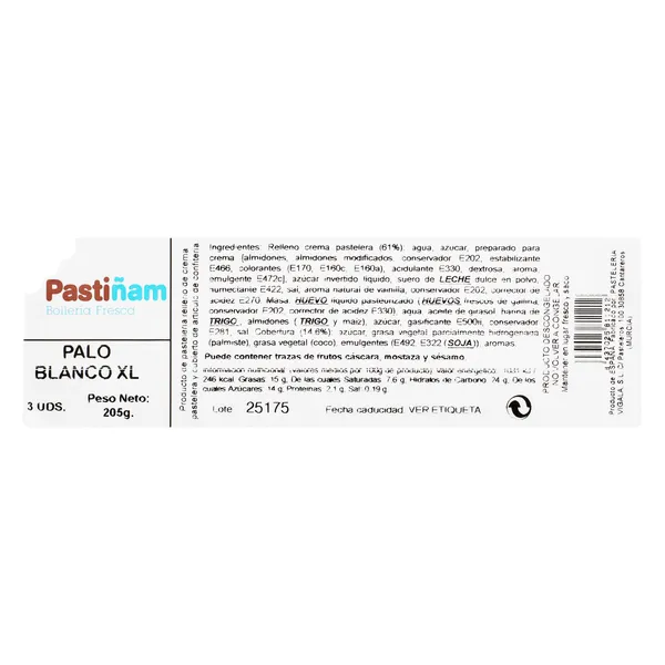 Palo de crema blanco XL Pastiñam bandeja 205 g 4