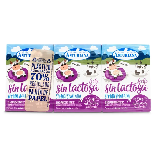 Leche semidesnatada sin lactosa Central Lechera Asturiana brik 3 x 200 ml 2
