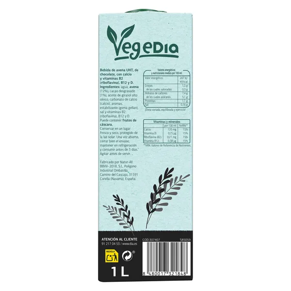 Bebida de avena con cacao Vegedia brik 1 l 5