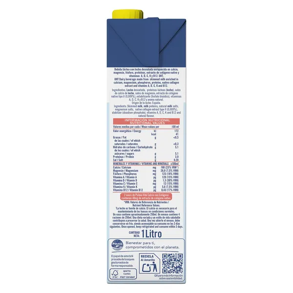 Bebida láctea desnatada con colágeno vita calcio Puleva brik 1 l 2