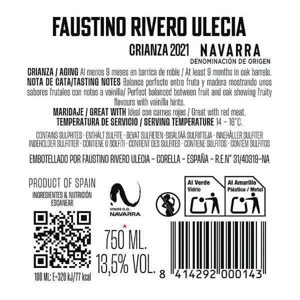 Vino tinto crianza D.O. Navarra Faustino Rivero botella 75 cl 2