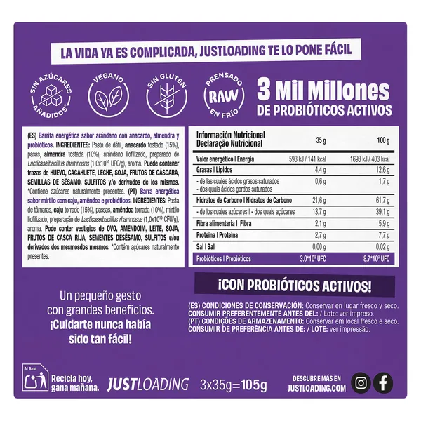 Barritas energéticas sabor muffin de arándanos con probióticos Just loading caja 105 g 3
