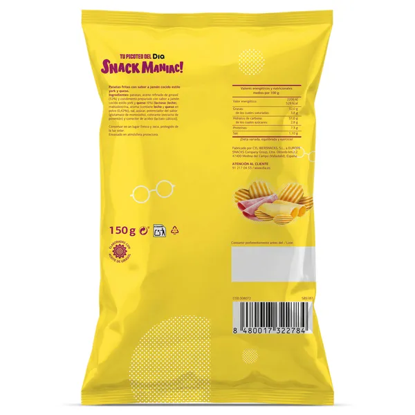 Patatas fritas extraonduladas sabor york-queso Snack Maniac de Dia bolsa 150 g 2