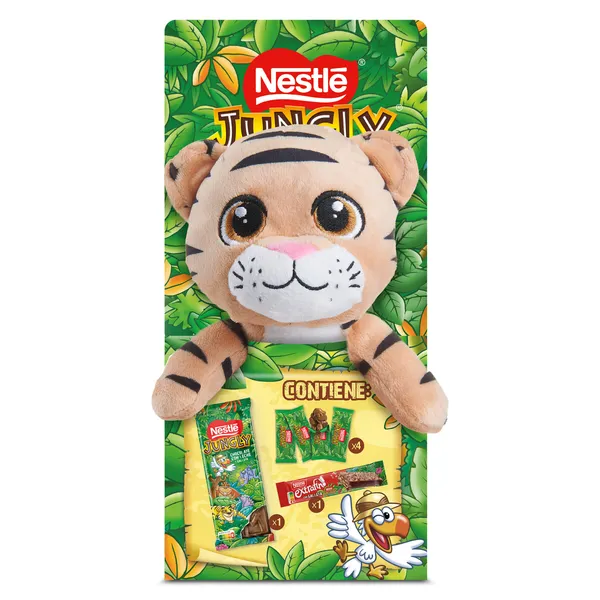 Chocolate con leche y galleta, barrita y figuritas + peluche Nestlé Jungly pack 155 g 2
