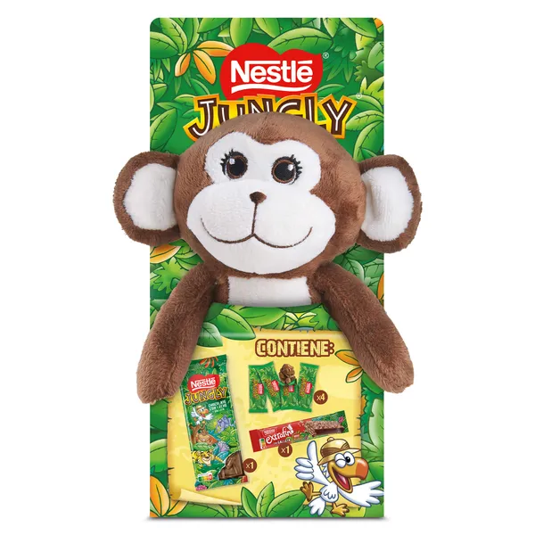 Chocolate con leche y galleta, barrita y figuritas + peluche Nestlé Jungly pack 155 g