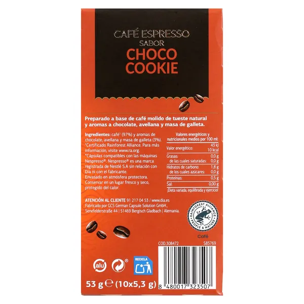 Café en cápsulas espresso choco cookie Arom'arte de Dia caja 10 unidades 3