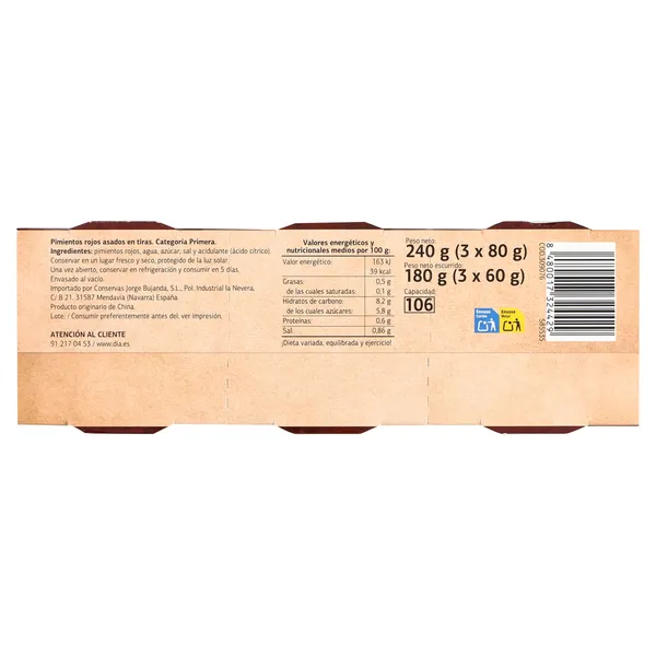 Pimientos asados en tiras Dia Vegecampo 3 x 60 g 5