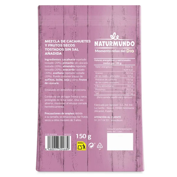 Mix de frutos secos tostados sin sal añadida Naturmundo de Dia bolsa 150 g 2