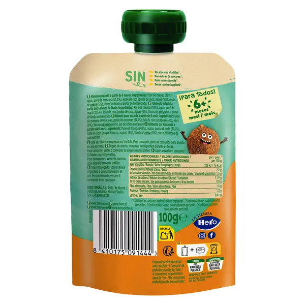 Alimento infantil mango, coco y avena Hero 100 g 3