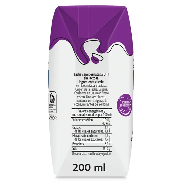 Leche semidesnatada sin lactosa Dia Láctea 3 x 200 ml 5