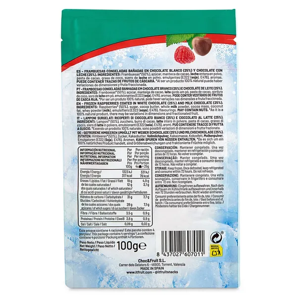 Frambuesas cubiertas con chocolate blanco y con leche Itfruit bolsa 100 g 2