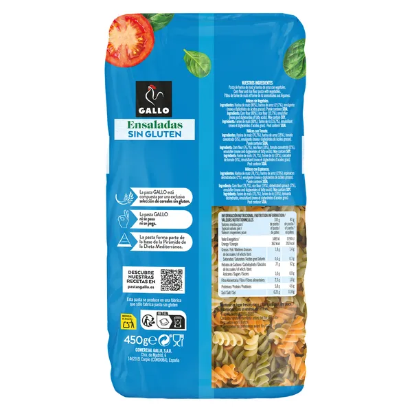 Hélices con tomate y espinacas sin gluten Gallo 450 g 3