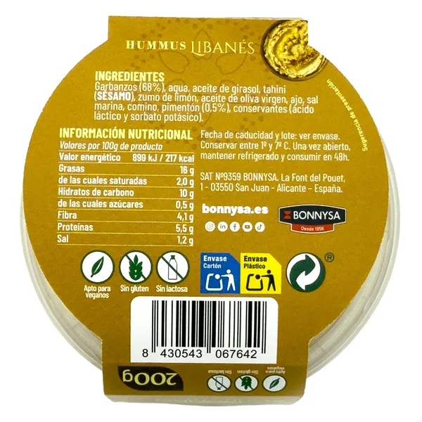 Hummus libanés Bonnysa bandeja 200 g 2