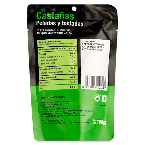 Castañas peladas y tostadas Dlu Nature bolsa 100 g 2