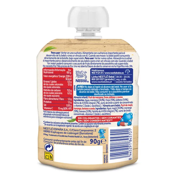 Alimento infantil con puré de manzana, fresa, plátano y avena Nestlé 90 g 3