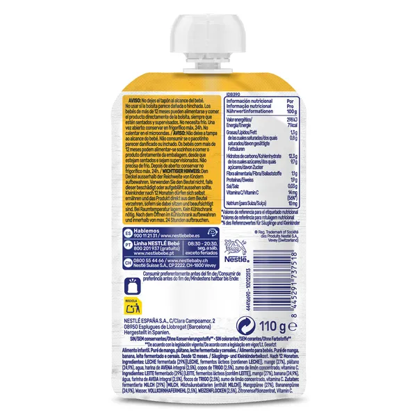 Alimento infantil con puré de mango , plátano, leche y avena Nestlé 110 g 3