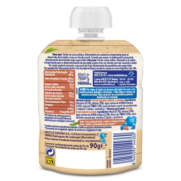 Alimento infantil con puré de manzana, plátano y avena Nestlé bolsa 90 g 2