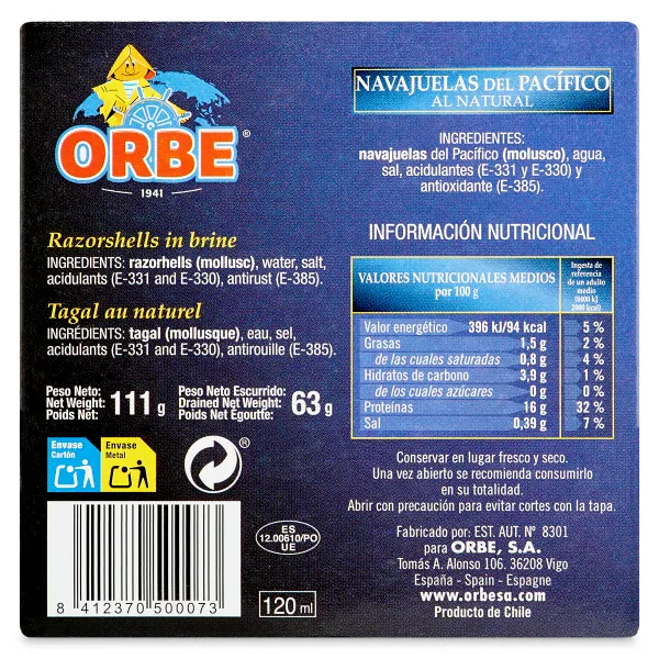 Navajuelas del Pacífico al natural Orbe lata 63 g 3