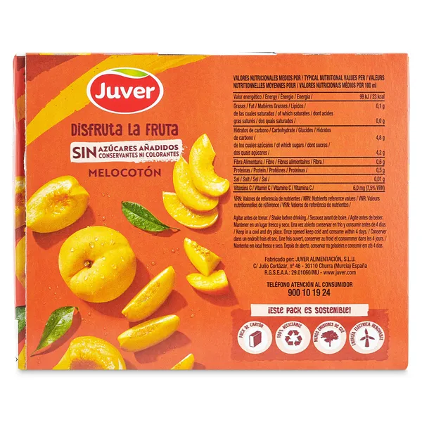 Bebida de zumo de melocotón sin azúcares añadidos Juver Disfruta brik 6 x 200 ml 4