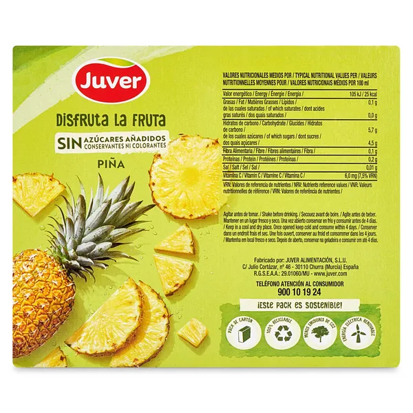 Bebida de zumo piña sin azúcares añadidos Juver pack 6 x 200 ml 4