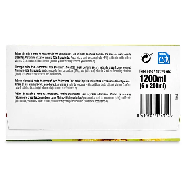 Bebida de zumo piña sin azúcares añadidos Juver pack 6 x 200 ml 5