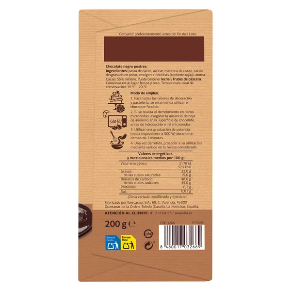 Chocolate negro 55% cacao para postres Dia Temptation 200 g 4