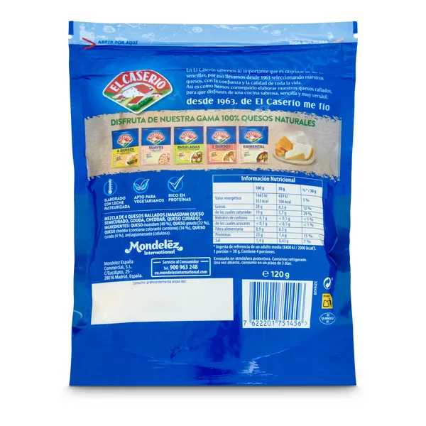 Queso rallado 4 quesos especial para gratinar El Caserío bolsa 120 g 2