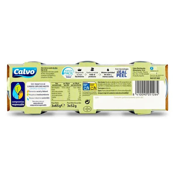 Atún claro en aceite de oliva bajo en sal Calvo lata 3 x 52 g 3