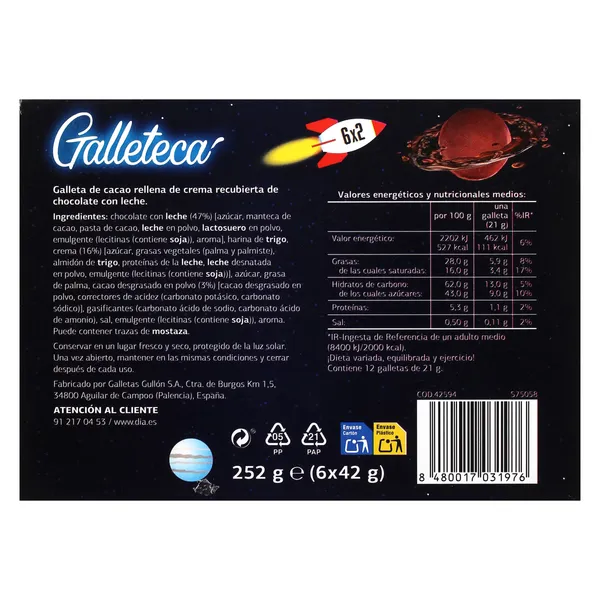 Galletas de cacao rellenas de crema bañadas con chocolate con leche Galleteca de Dia 252 g 4