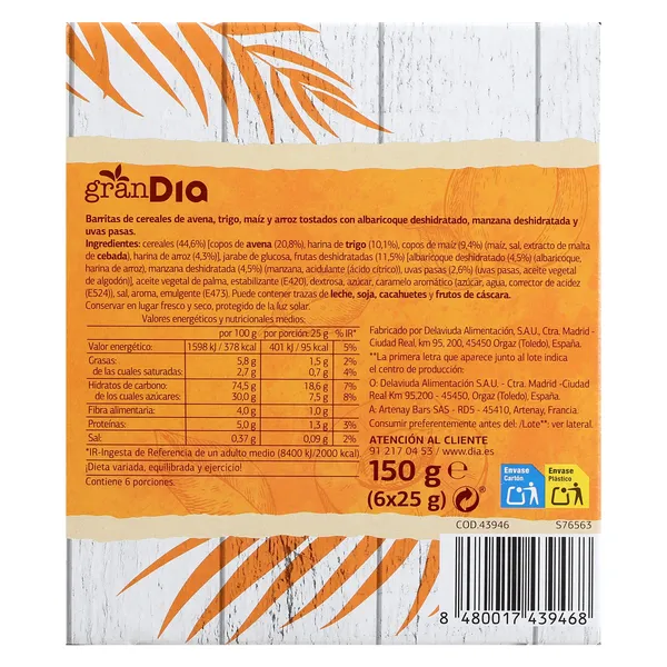 Barritas de cereales con albaricoque, manzana y uvas pasas Gran Dia caja 150 g 3