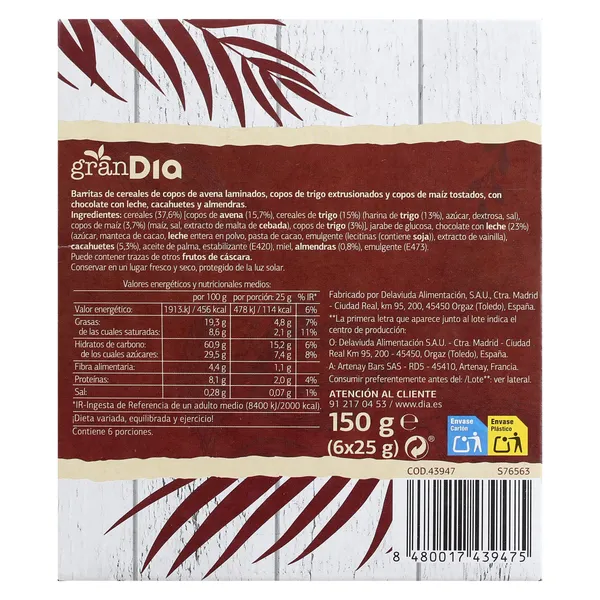 Barritas de cereales con chocolate con leche Gran Dia caja 150 g 4