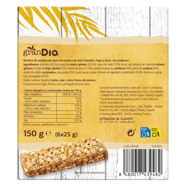 Barritas de cereales con avellanas Gran Dia 150 g 4