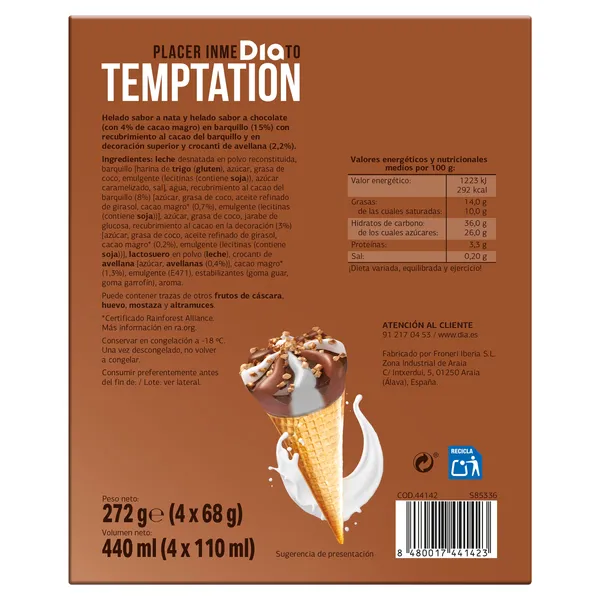 Conos de nata y chocolate Dia Temptation 4 x 68 g 4