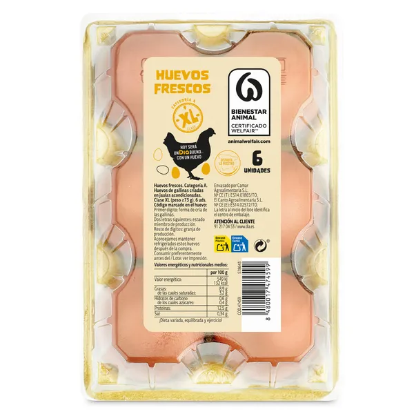 Huevos frescos categoría A clase XL Dia bandeja 6 unidades 2