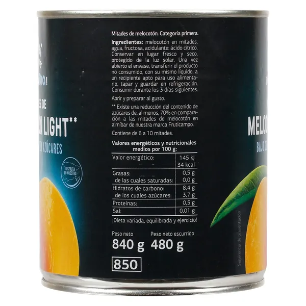 Melocotón en almíbar sin azúcares añadidos en mitades Dia Fruticampo lata 480 g 3