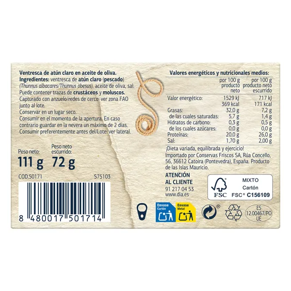 Ventresca de atún claro en aceite de oliva Dia Mari Marinera lata 78 g 3