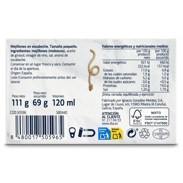 Mejillones en escabeche 14/18 piezas Dia Mari Marinera lata 69 g 3
