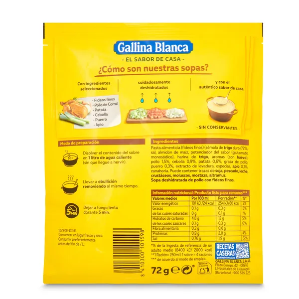 Sopa de pollo con fideos Gallina Blanca sobre 71 g 2
