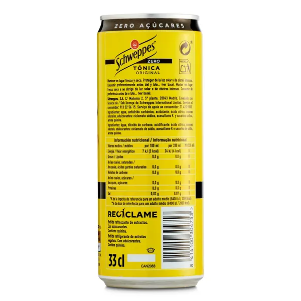 Tónica zero Schweppes lata 33 cl 2