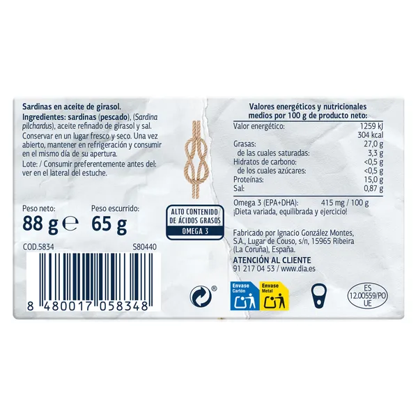 Sardinillas en aceite de girasol Dia Mari Marinera 65 g 4