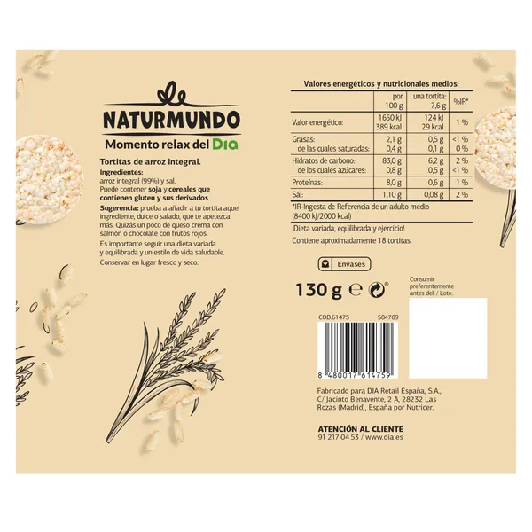 Tortitas de arroz integral Dia Naturmundo 130 g 3