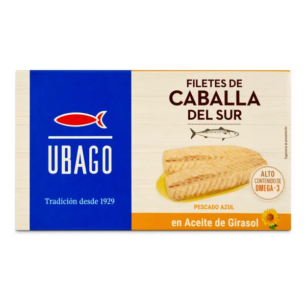 Filetes de caballa del sur en aceite de girasol Ubago lata 65 g 2